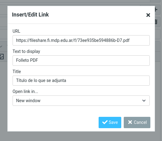 Ventana Insert/Edit Link con la URL y el texto a mostrar